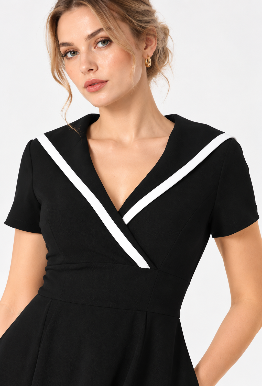 women's black crepe contrast V-neck fit and flare midi dress