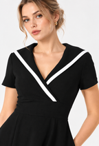women's black crepe contrast V-neck fit and flare midi dress
