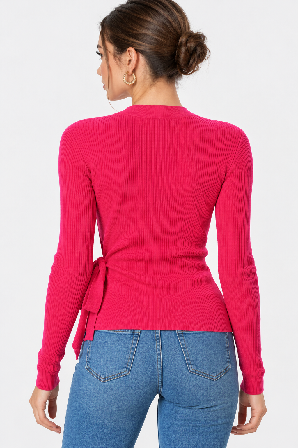 women's pink cotton rib knit wrap cardigan with v-neck and tie waist