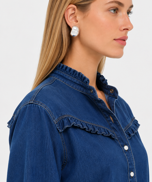 Blue Denim Ruffle Detail Shirt