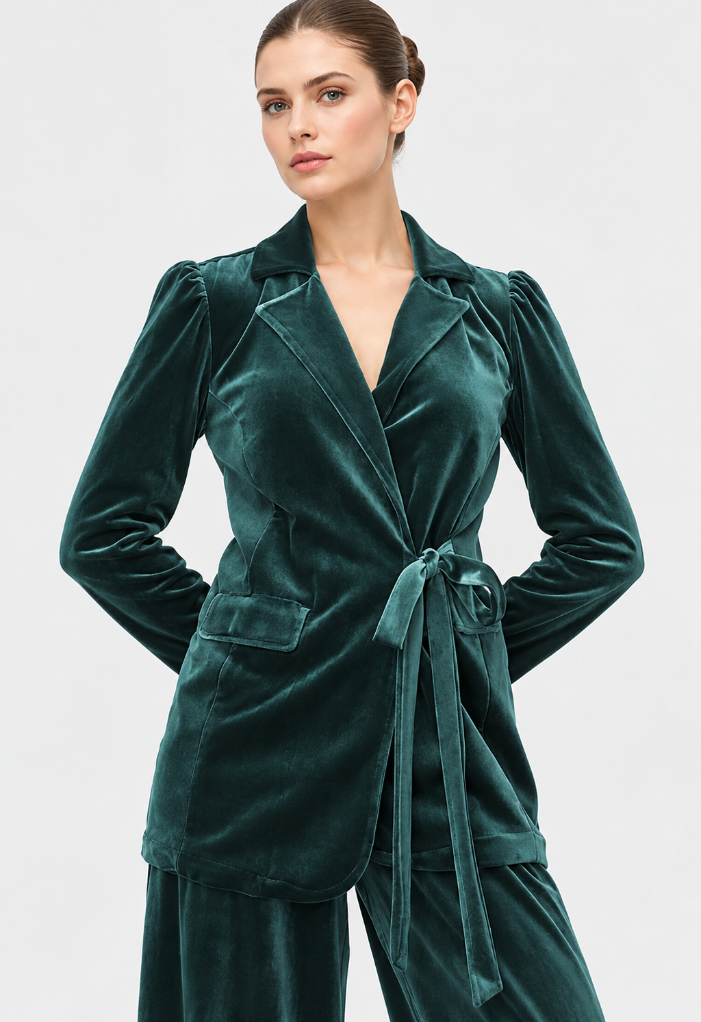 Women's Teal Green Velvet Belted Blazer Jacket with Puff Sleeves | Elegant Winter Outerwear