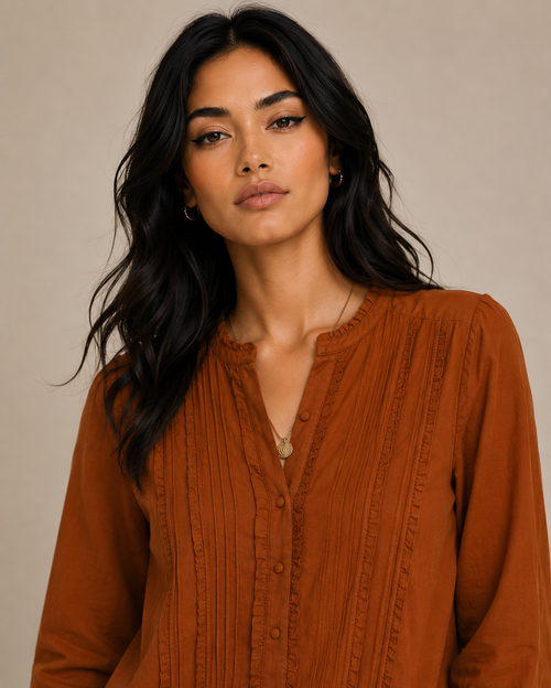Women’s Rust Cotton Pintuck Button-Front Blouse