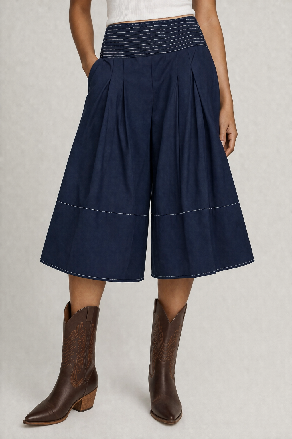 Navy Smocked-Waist Wide-Leg Culottes