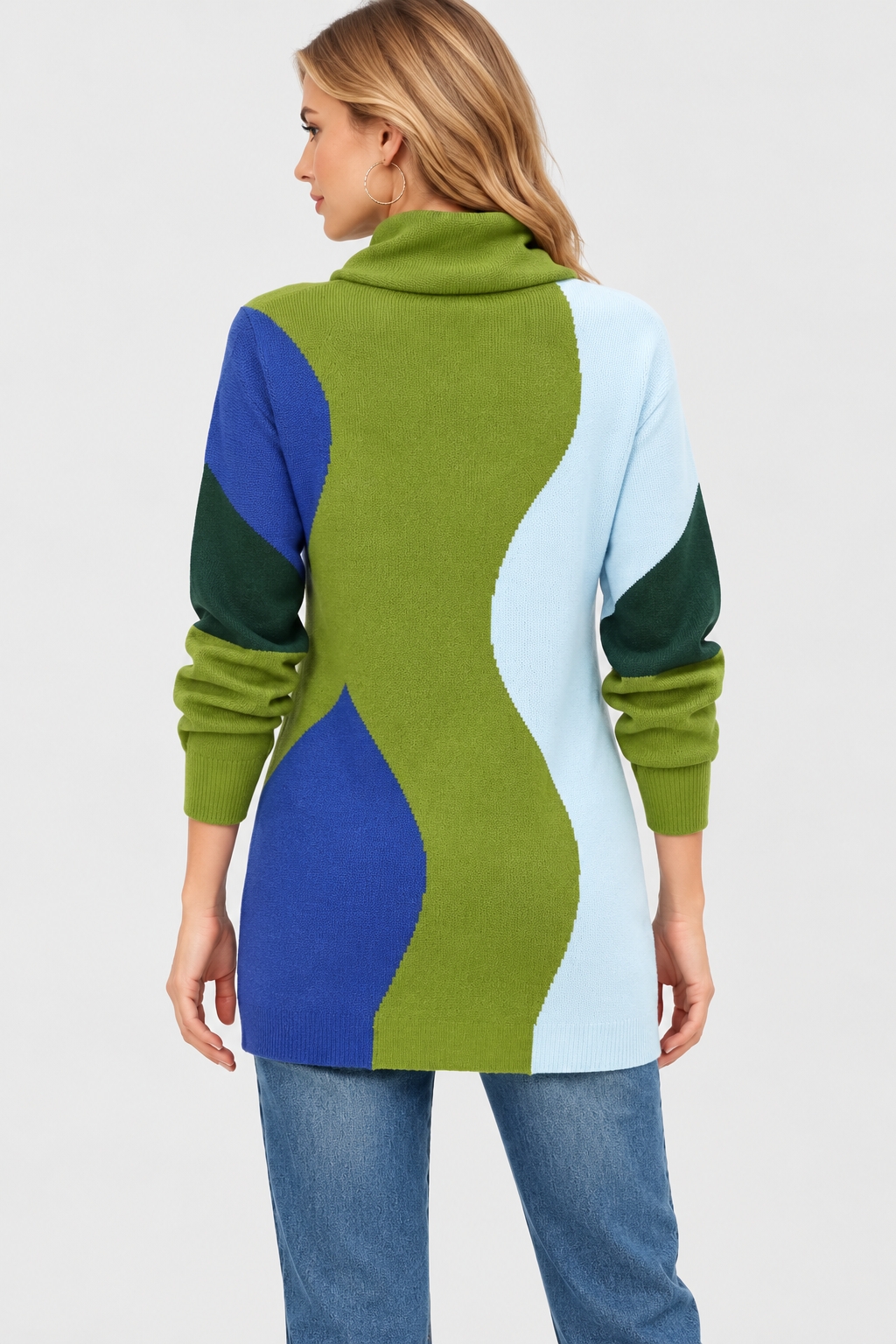 women's multicolor cotton rib knit cowl neck tunic sweater