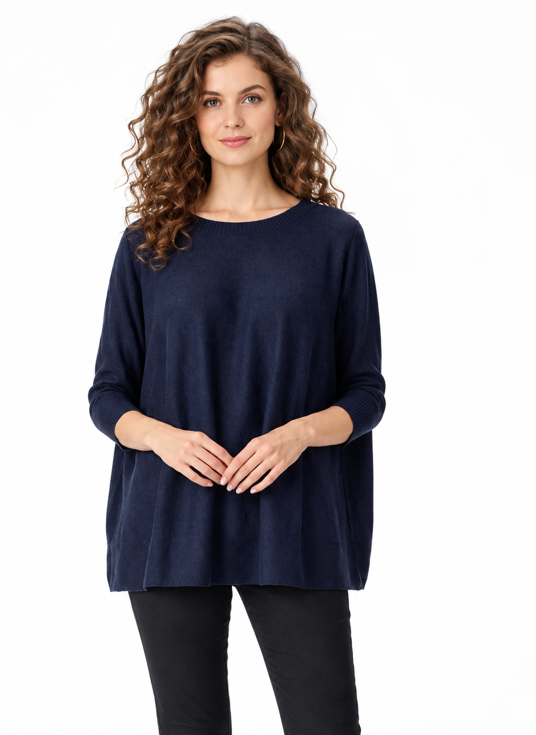 Women's Navy Blue Cotton Blend Knit Sweater with Crew Neck and Relaxed Fit