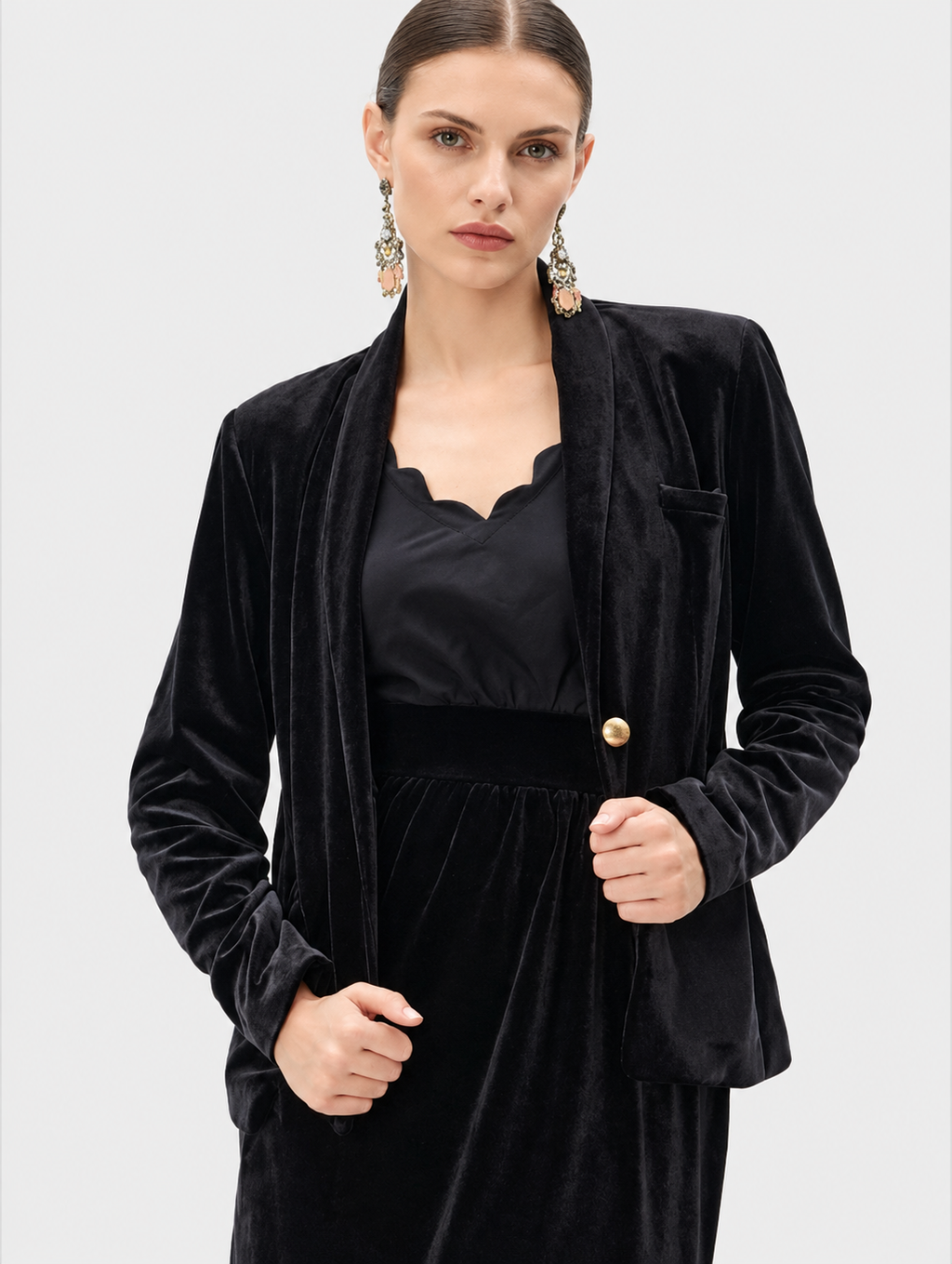 Women's Black Velvet Blazer Jacket with Gold Button | Elegant Long Sleeve Formal Blazer