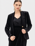 Women's Black Velvet Blazer Jacket with Gold Button | Elegant Long Sleeve Formal Blazer