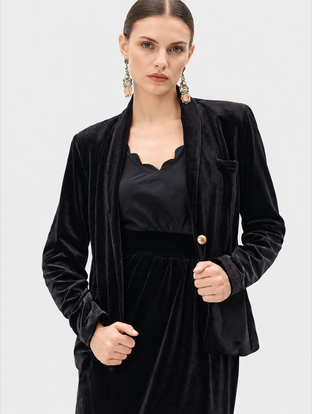 Women's Black Velvet Blazer Jacket with Gold Button | Elegant Long Sleeve Formal Blazer
