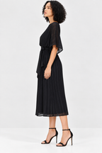 Black Poly Chiffon Lurex Stripe Pleated Midi Dress