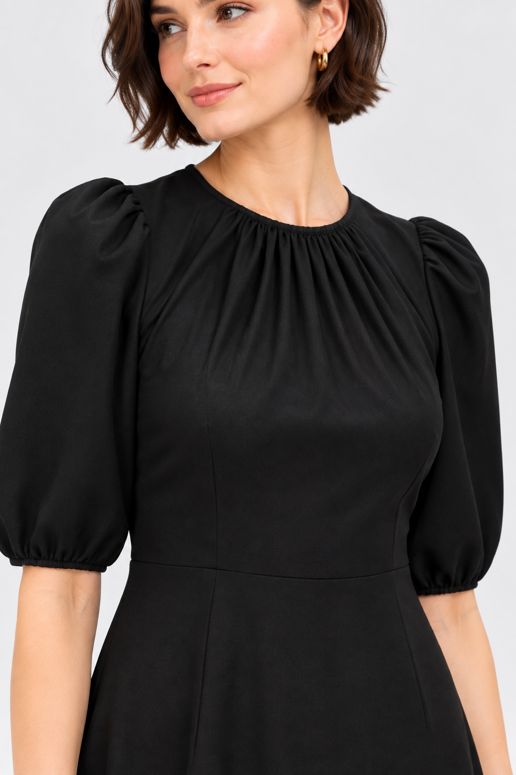 women’s black poly crepe puff sleeve mini dress