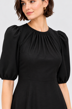 women’s black poly crepe puff sleeve mini dress