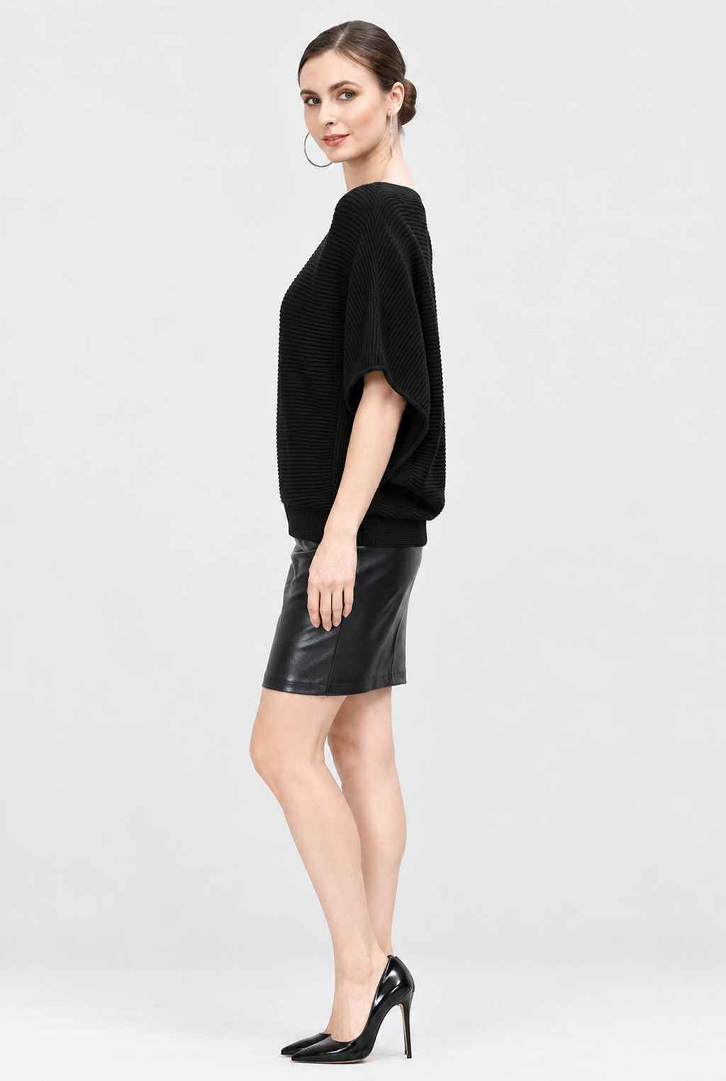 Women's Black Linen Cotton Rib Knit Batwing Top with Boat Neck and Short Sleeves