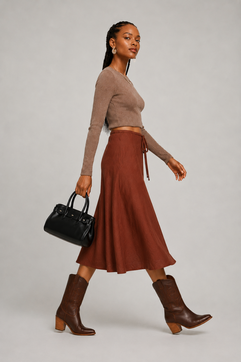 Rust Drawstring A-Line Midi Skirt