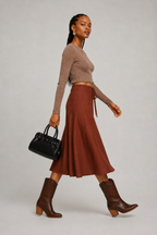 Rust Drawstring A-Line Midi Skirt