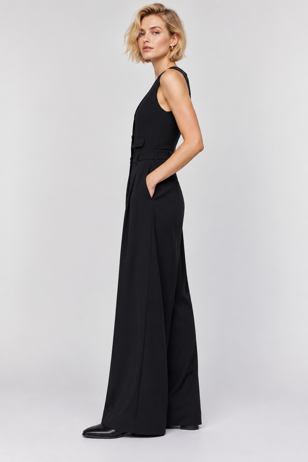 women's black poly viscose sleeveless wide-leg jumpsuit