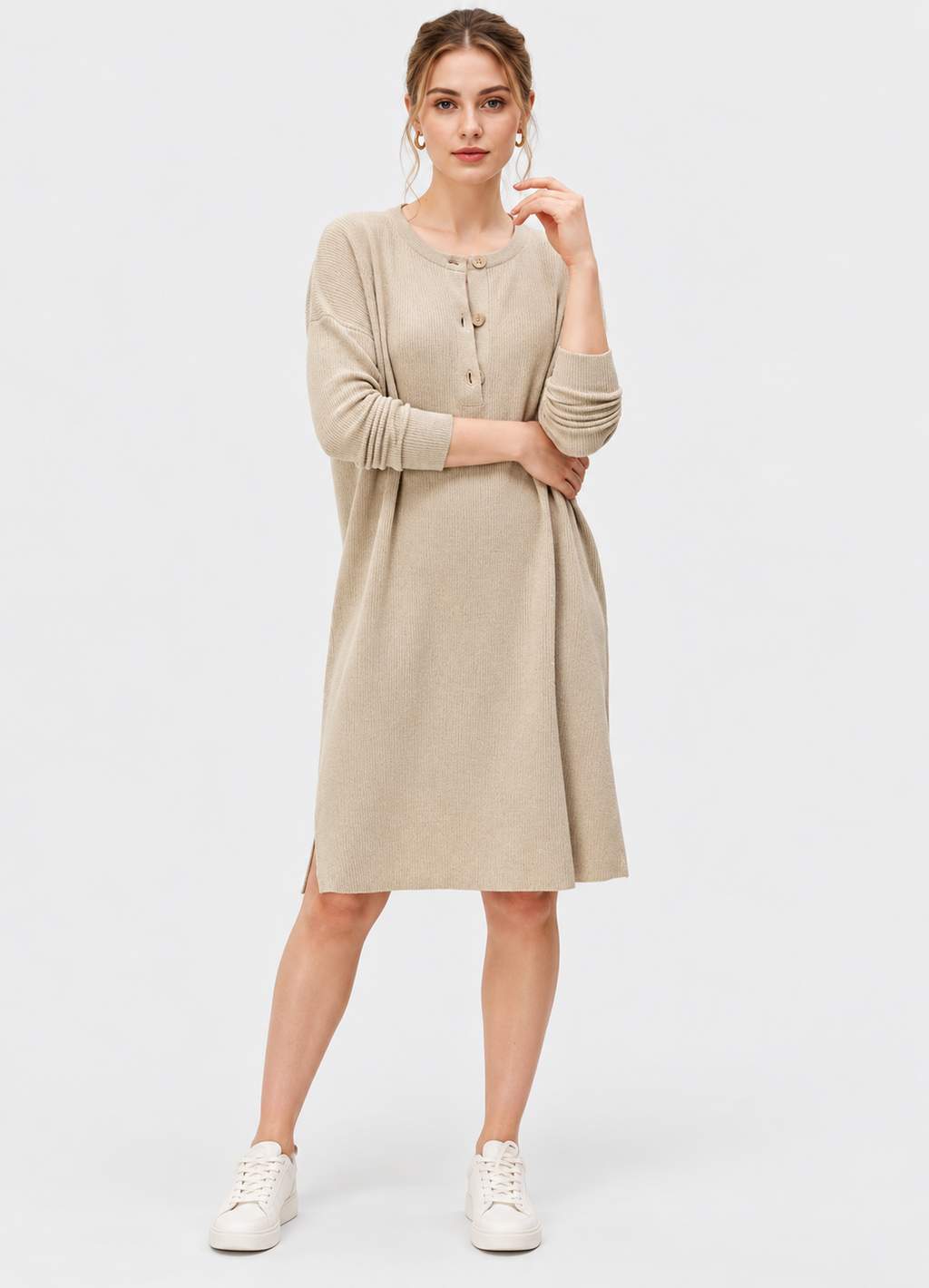 women's beige linen cotton rib knit button-front dress with three-quarter sleeves