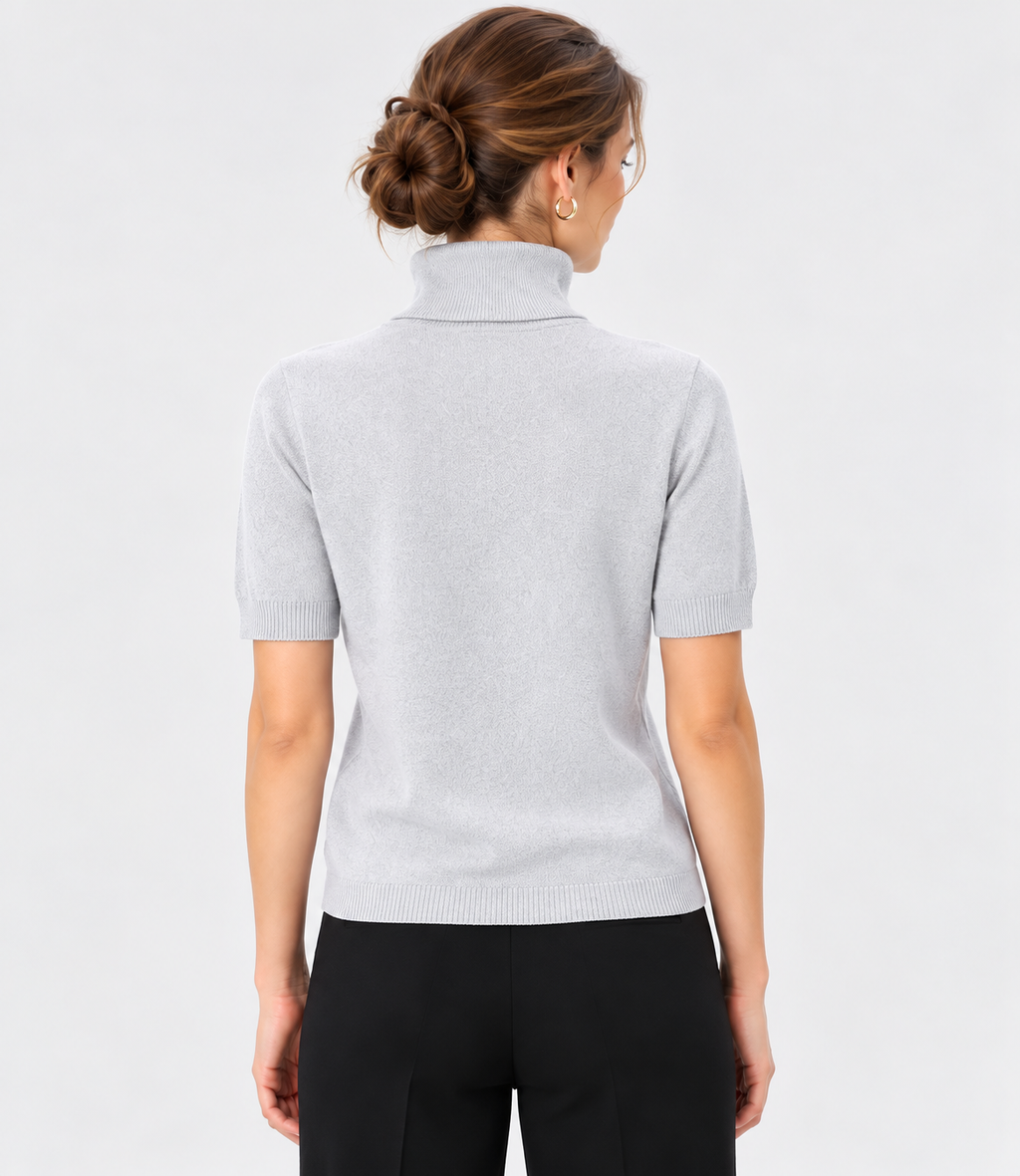 women's light grey linen cotton knit turtleneck sweater with short sleeves