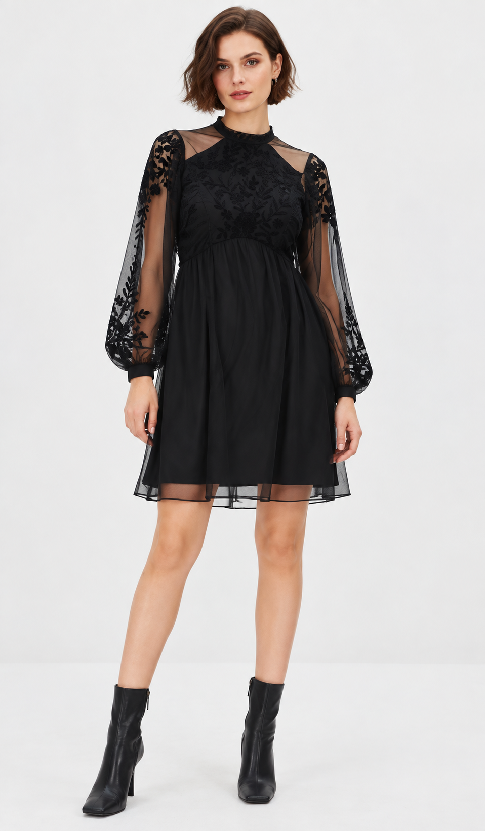 women’s black embroidered tulle mini dress