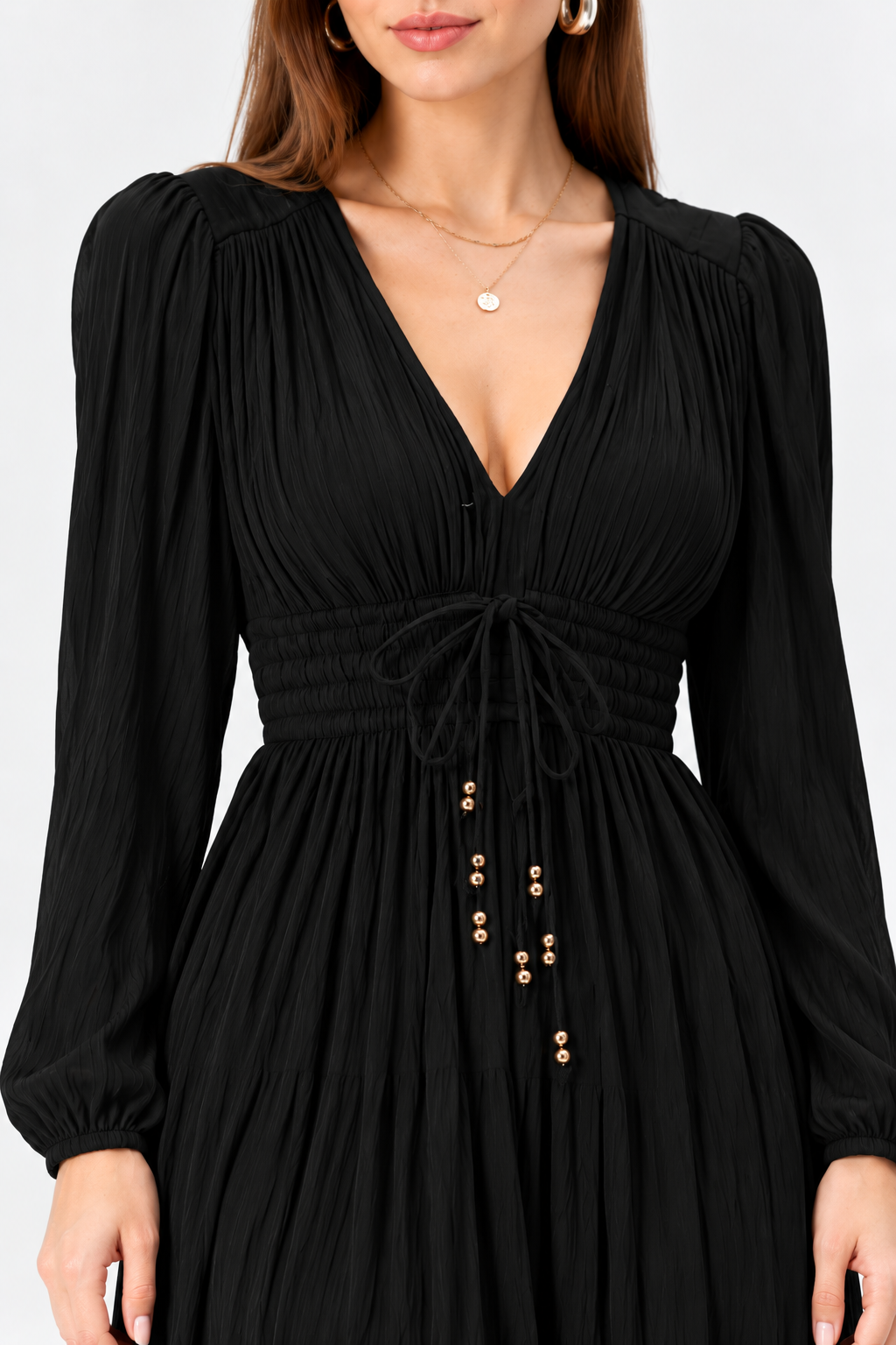 Rayon Crinkle V-Neck Long Sleeve Fit & Flare Dress