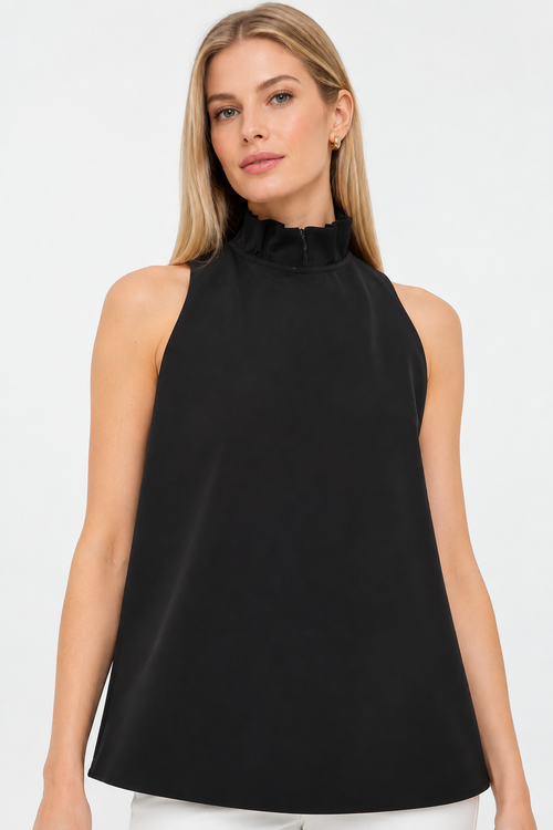 Black Rayon Ruffle Neck Sleeveless Top