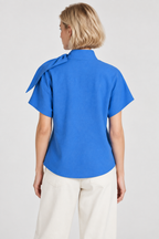 Women’s Blue Cotton Mandarin Collar Tie-Detail Top