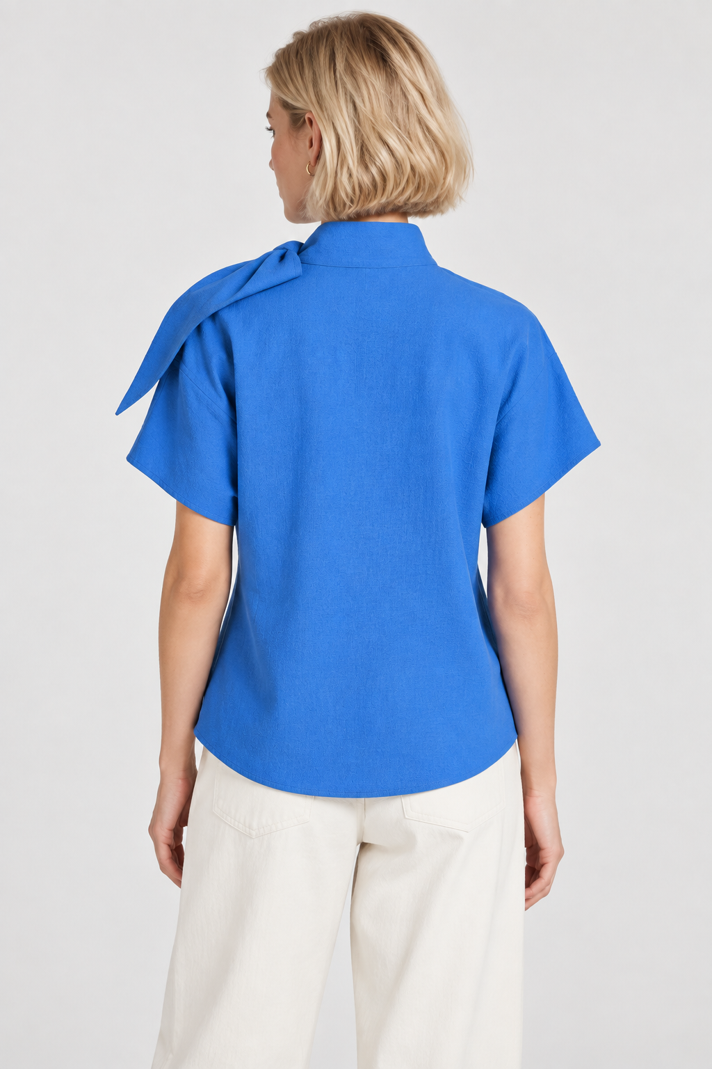 Women’s Blue Cotton Mandarin Collar Tie-Detail Top