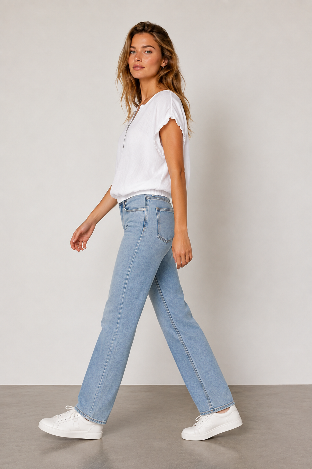 White Cotton Linen Ruffle Trim Zip Front Relaxed Fit Top