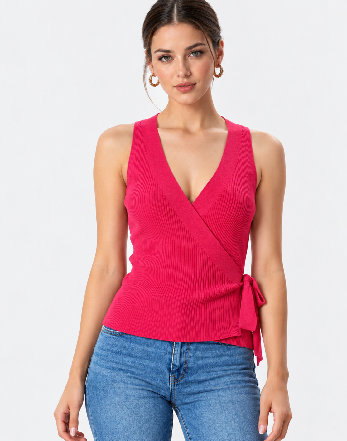 women's pink cotton rib knit wrap cardigan with v-neck and tie waist