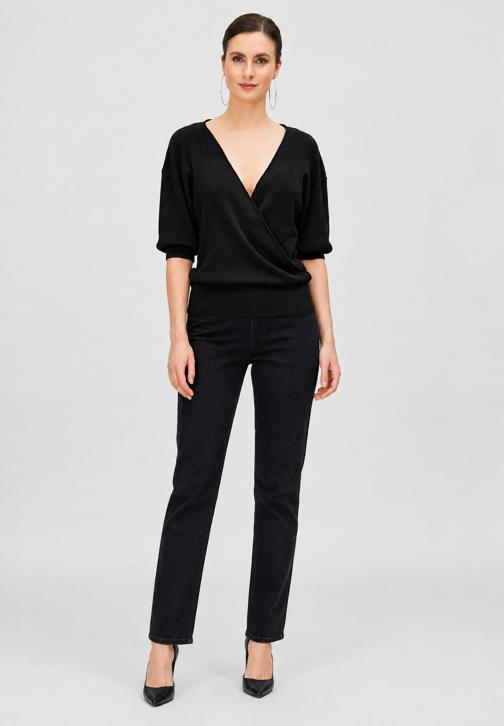 women's black linen cotton rib knit wrap top with v-neck
