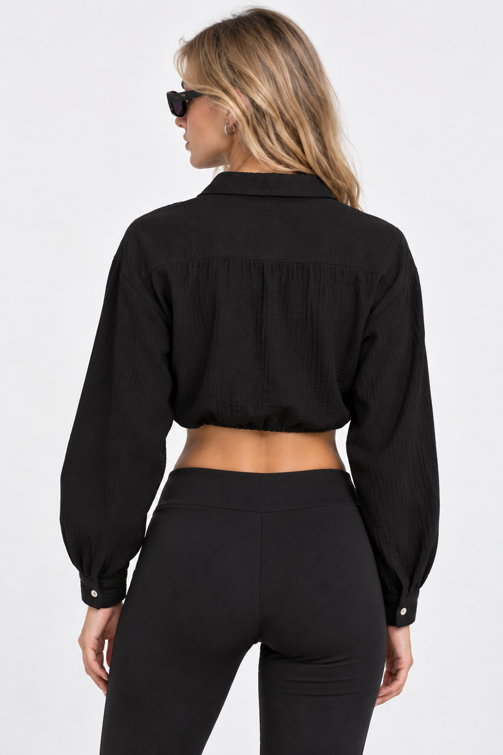 Women’s Black Cotton Cropped Button-Down Shirt