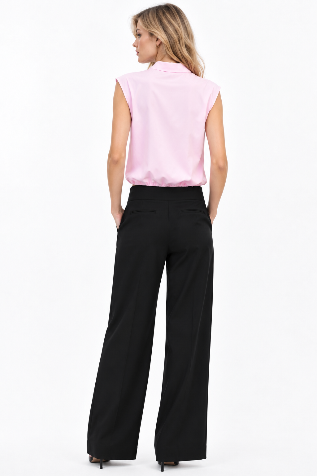 Women’s Pink Poly Cotton Tie-Neck Peplum Top
