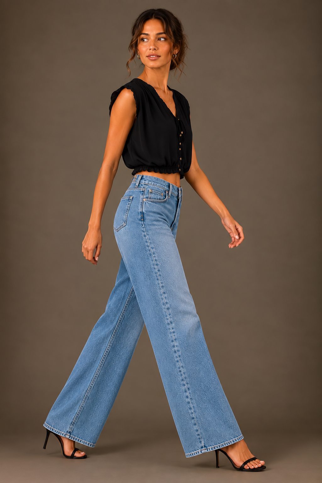 Black Cotton V-Neck Button-Front Crop Top with Drawstring Detail