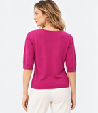 Women's Pink Rib Knit Top with Round Neck and Half Sleeves