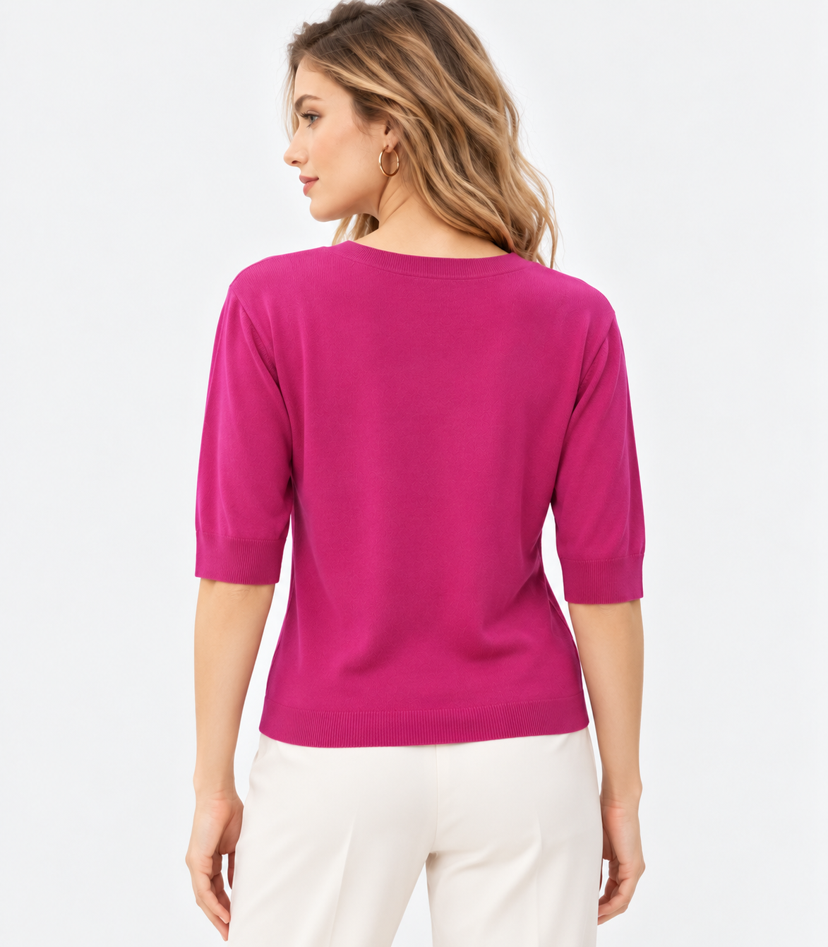 Women's Pink Rib Knit Top with Round Neck and Half Sleeves