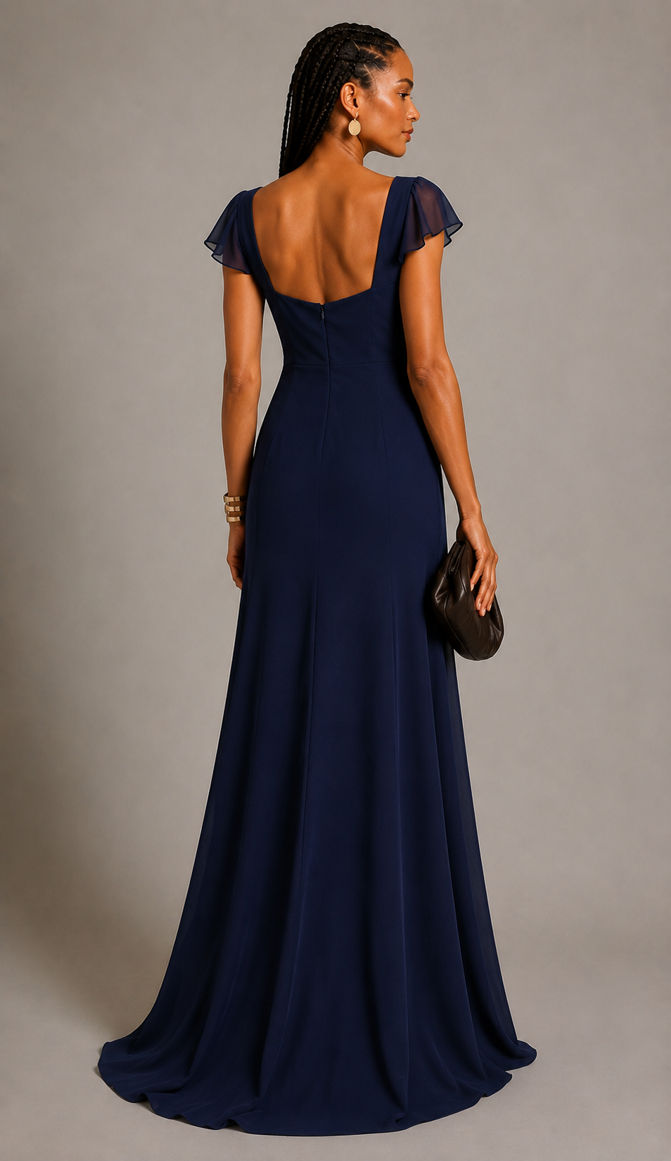 Navy blue polyester crepe maxi dress with sweetheart neckline, flutter sleeves, fitted bodice, and flowing floor-length A-line skirt worn by a female fashion model.
