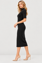 women's black stretch poly crepe high neck midi dress