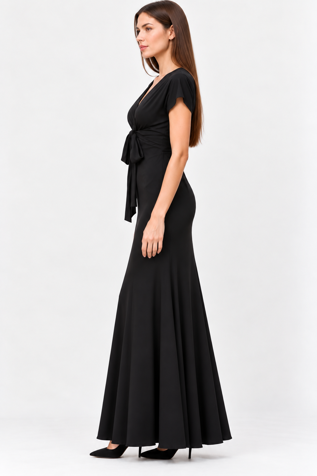 Satin Crepe V-Neck Tie Waist Maxi Dress