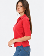 Red Linen Blend Knit Top for Women