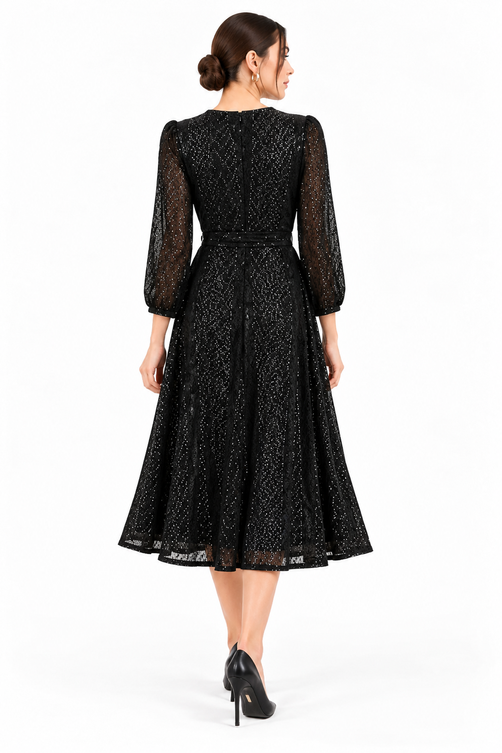 Black Sequin Mesh Wrap Midi Dress