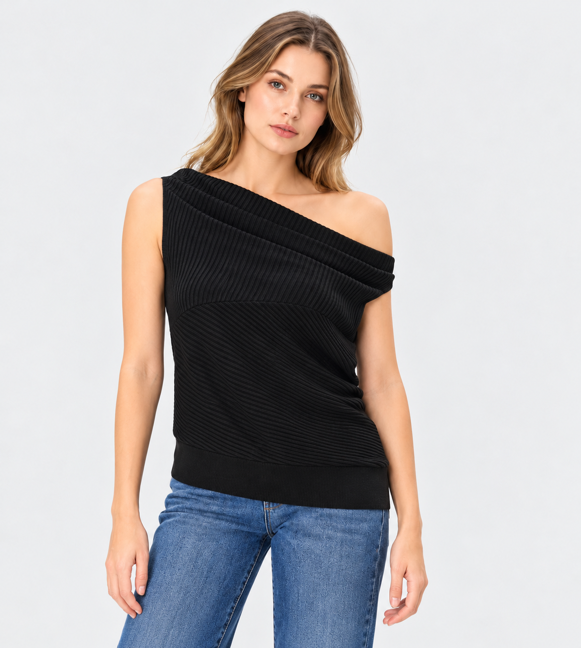 women's black wool blend rib knit off shoulder sweater