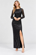 Black Sequin Mesh Long Sleeve Maxi Dress