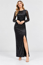 Black Sequin Mesh Long Sleeve Maxi Dress