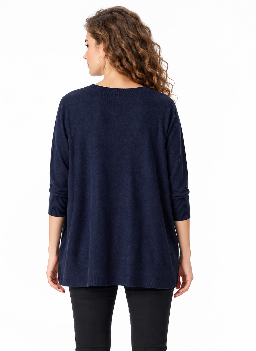 Women's Navy Blue Cotton Blend Knit Sweater with Crew Neck and Relaxed Fit