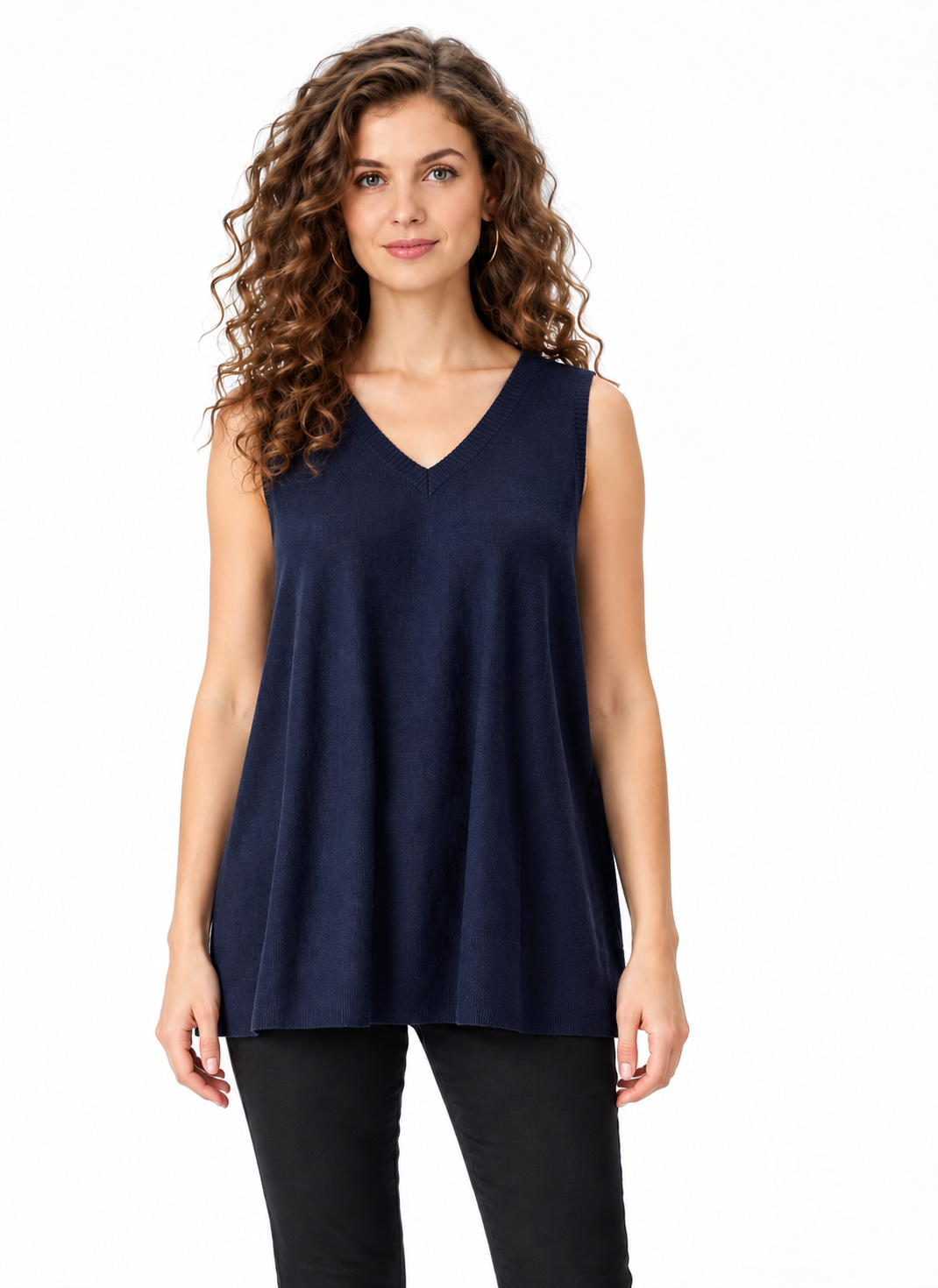 Women's Navy Blue Cotton Blend Knit Sweater with Crew Neck and Relaxed Fit