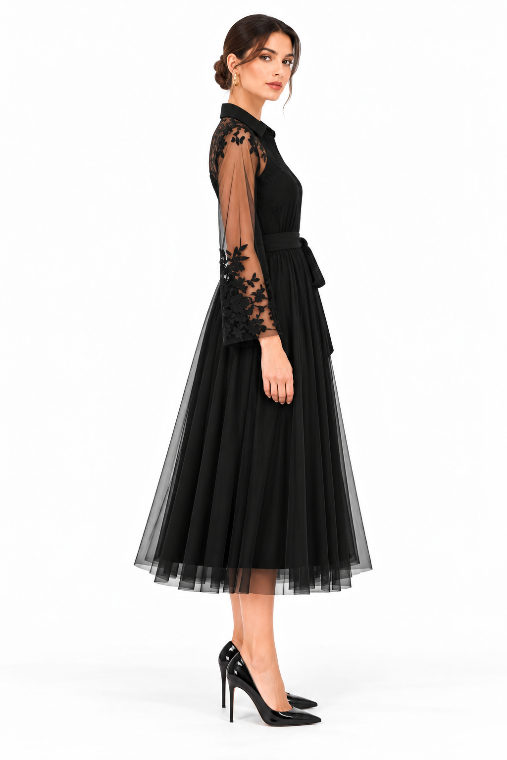 Black Sheer Tulle Embroidered Sleeve Midi Dress