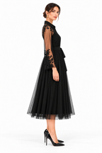 Black Sheer Tulle Embroidered Sleeve Midi Dress