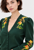 women's dark green embroidered cotton knit cardigan with puff sleeves