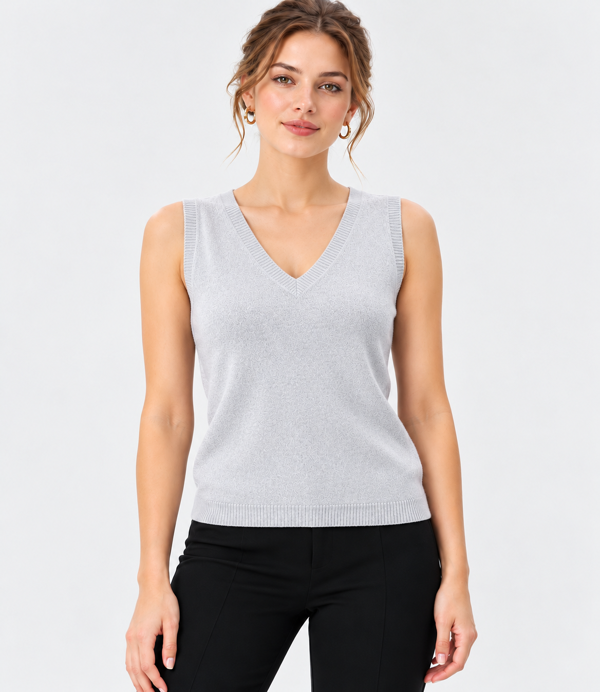 women's light grey linen cotton knit turtleneck sweater with short sleeves
