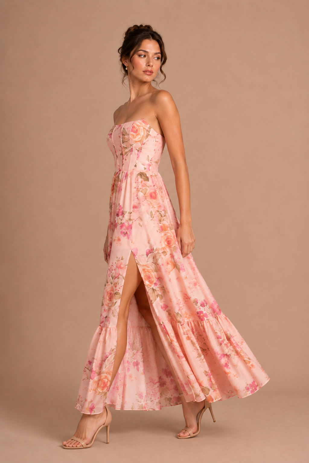 Strapless Floral Chiffon Corset Maxi Dress