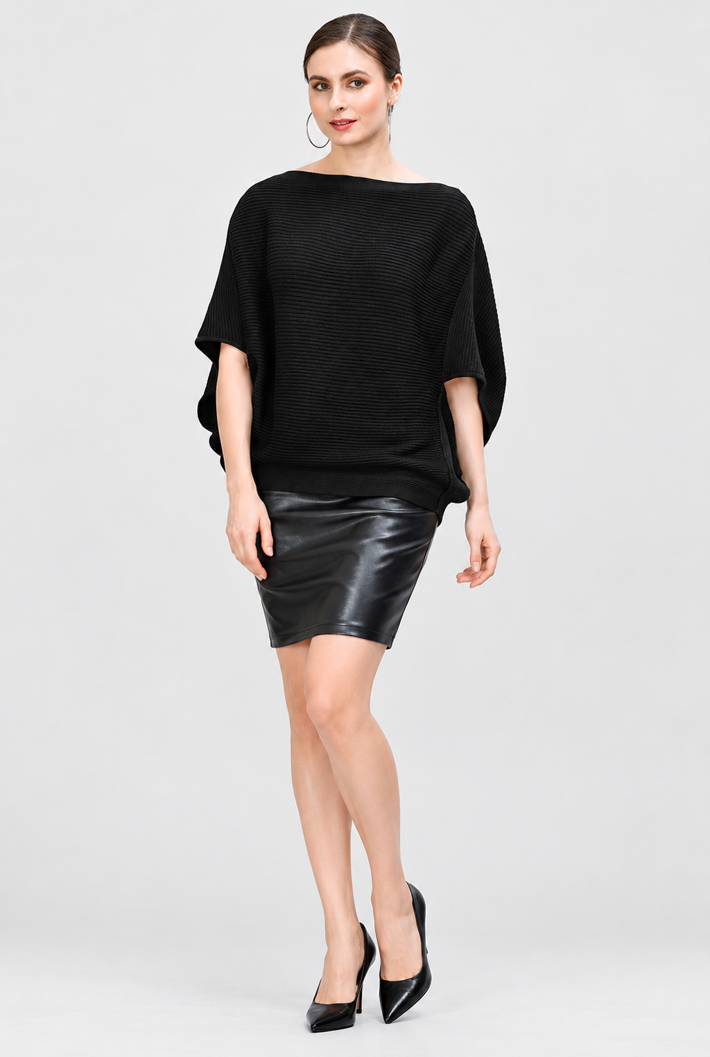 Women's Black Linen Cotton Rib Knit Batwing Top with Boat Neck and Short Sleeves